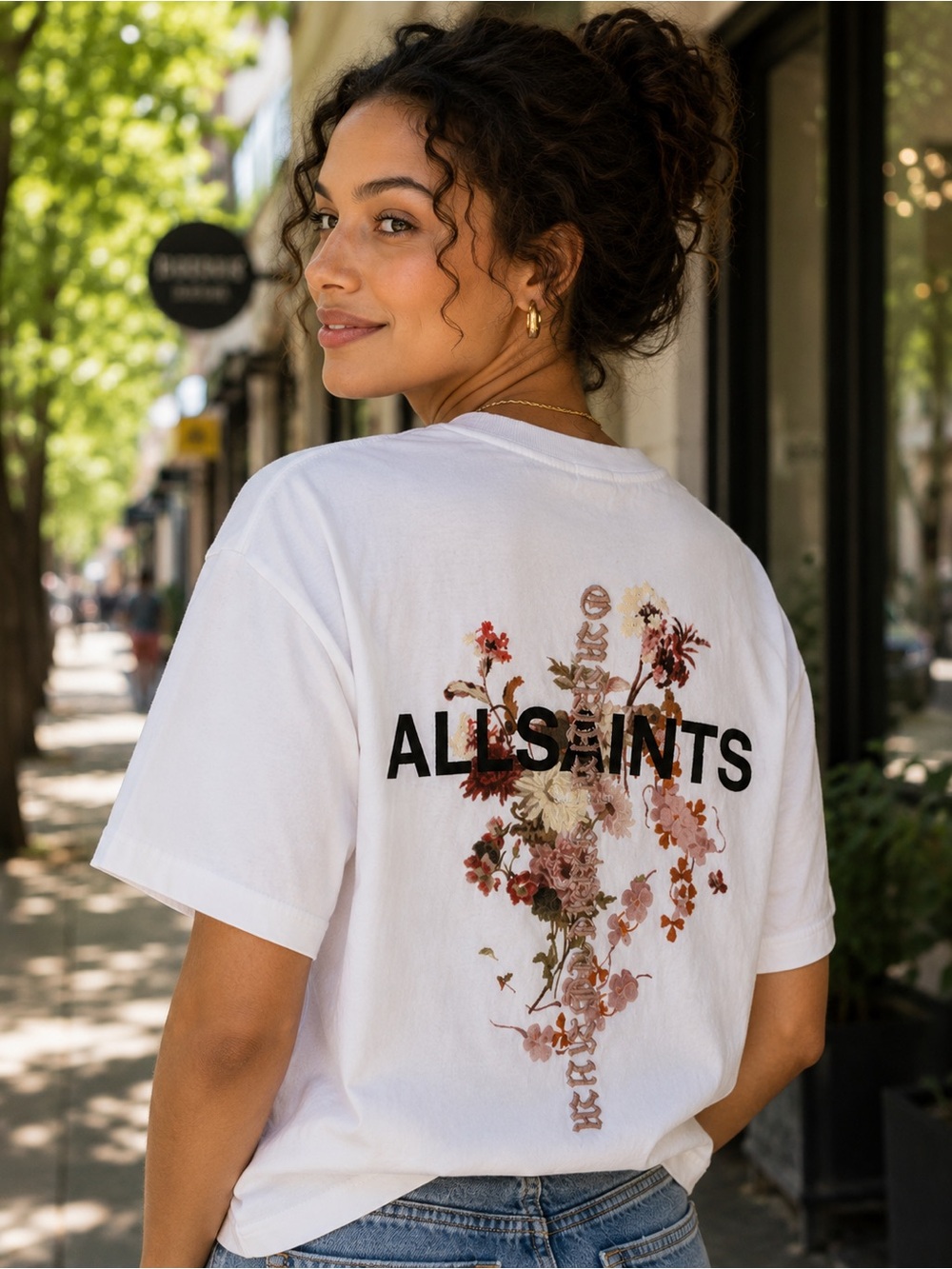 ALLSAINTS Women’s Embroidered White Floral Logo Cotton Tee Size S